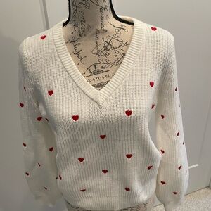 Lucky Brand White V-Neck Sweater with Red Heart Details